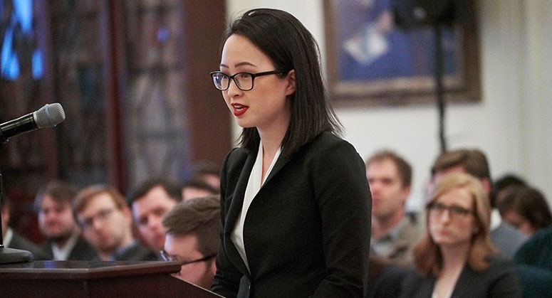 Madeleine Xu '20 arguing in front of the moot court judges