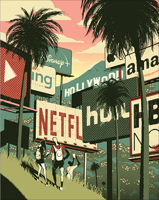 illustration of Netflix, Disney, Hulu, and Apple billboards in the Hollywood hills.