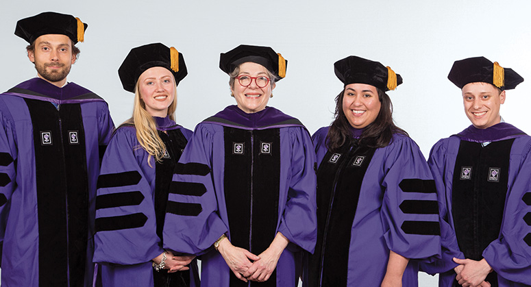 C.V. Starr Scholars Henrik Born, April McLeod, Sara Maldonado, Thomas Loy, Andrea Abarca (not pictured), and Gabriel Malone-O’Meally (not pictured) were hooded by NYU Law Trustee Florence Davis ’79