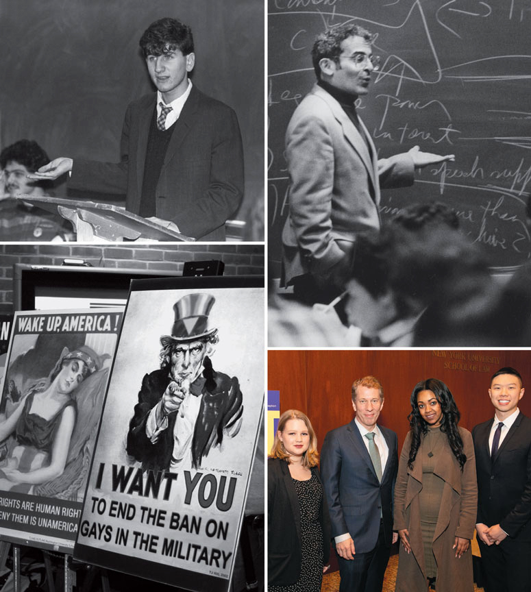Clockwise, from top left: Tom Kirdahy ’88; David Richards; Elizabeth Lewis ’20, Trevor Morrison, Tsion Gurmu ’15, and Sean Chang ’20; protest posters in 2006.
