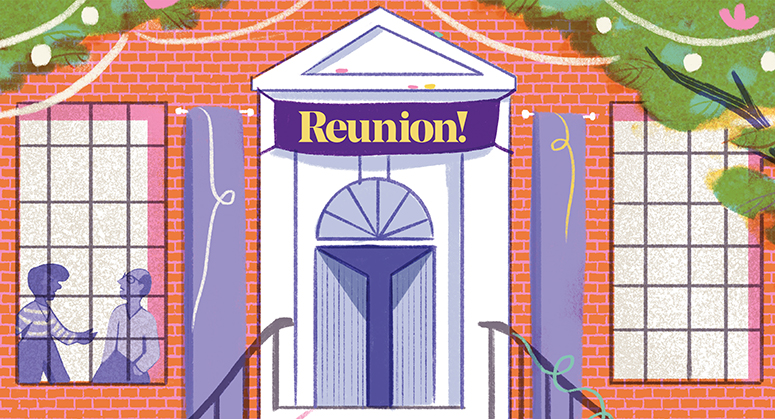 Banner with text "Reunion!" over the door of Vanderbilt Hall
