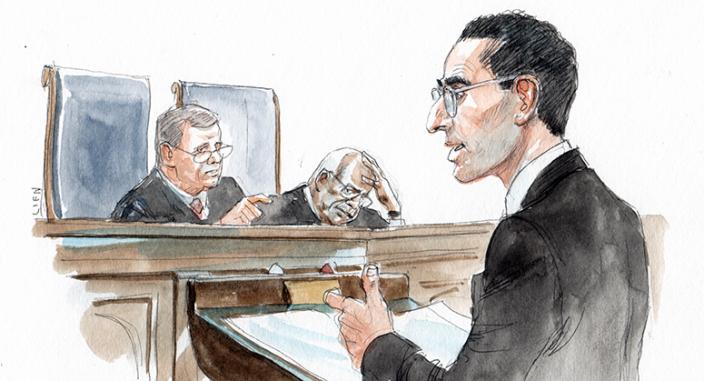 Illustration of Nathan Wessler before a judge