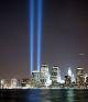 Skyline with beams of light from the 9/11 Memorial in New York City