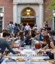 Students socializing in Vanderbilt Hall Courtyard for Orientation 2019 BBQ
