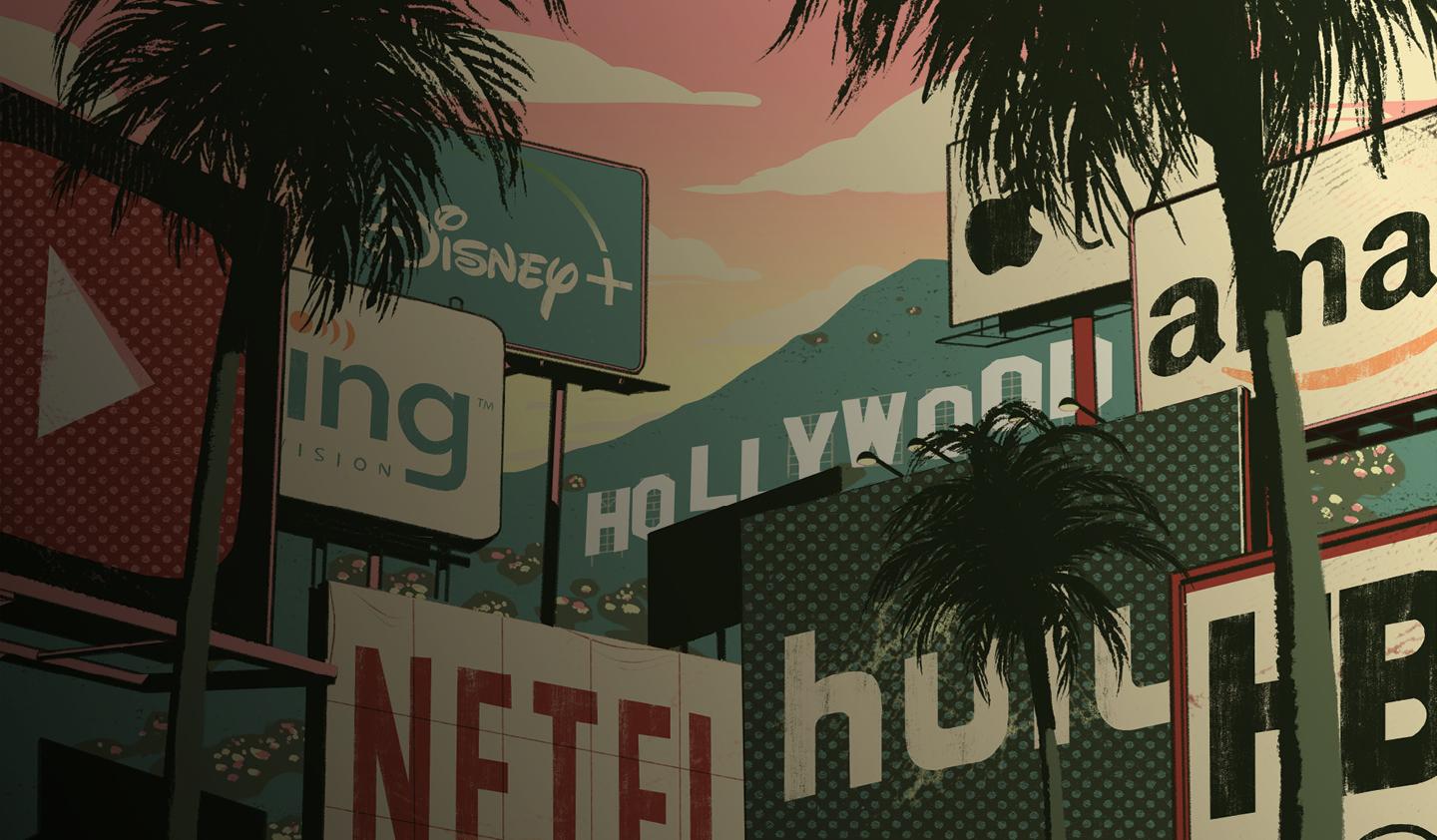 illustration of Netflix, Disney, Hulu, and Apple billboards in the Hollywood hills.