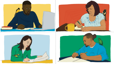 graphic of four different people writing a letter
