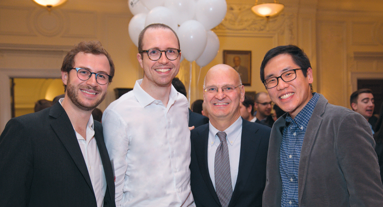 Desmarais Law and Technology and Desmarais LLP Scholars Thomas McBrien ’21,  Benjamin Morris ’20, and Daniel Yee ’21 with NYU Law Trustee John Desmarais ’88