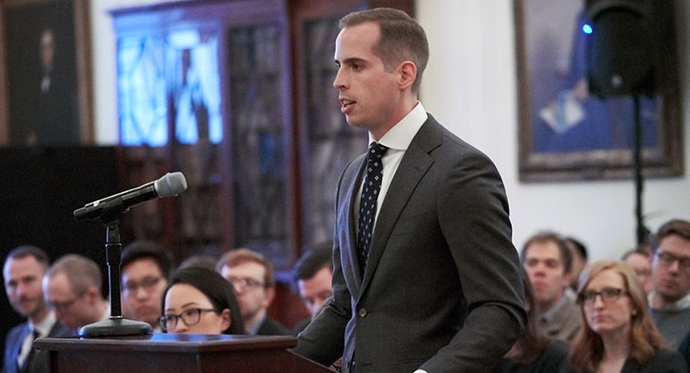 Jeremy Brinster '20 arguing in front of the moot court judges