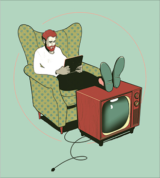 illustration of man sitting in chair watching a streaming tablet, using an old tv set and an ottoman