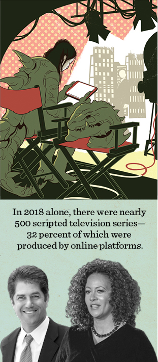 Woman in dinosaur costume watching movie on streaming device. In 2018 alone, there were nearly  500 scripted television series— 32 percent of which were produced by online platforms.