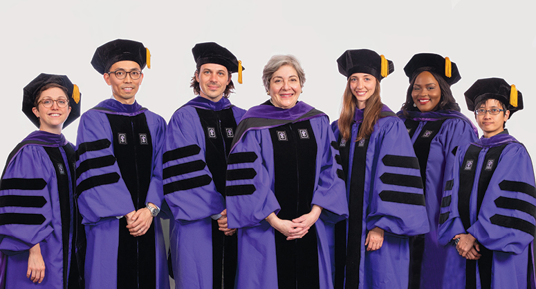 C.V. Starr and Starr Foundation Scholars Molly Griffard, Kei Kajiwara, Seamus Yarbrough, Jessica Crandall,  Ngwika Fomba, and April Carmela Lacson with NYU Law Board of Trustees Vice Chair Florence Davis ’79