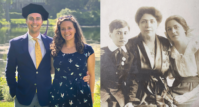 Daniel Barron ’20 with his girlfriend, Isabelle Glimcher ’19, and great-grandmother  Ray Wilner Sundelson, Women’s Evening Program, Class of 1900