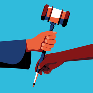 Illustration of a two different hands holding a gavel that is a pen at the end