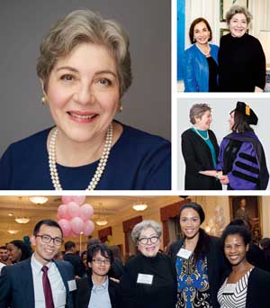 Collage of Florence Davis with students, graduates, and chair member.