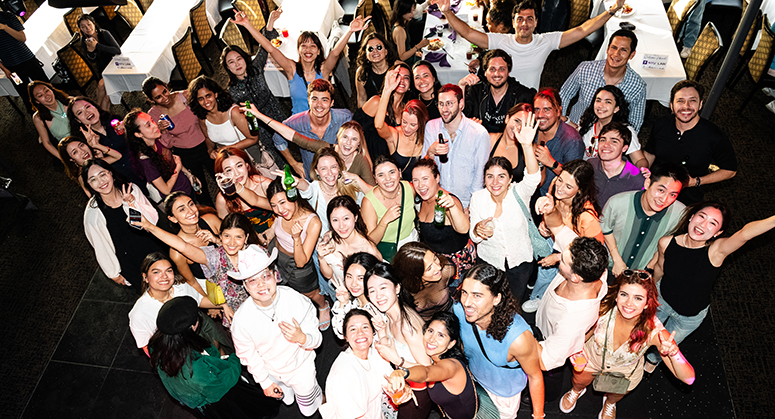 Aerial photograph of LLM students inside boat