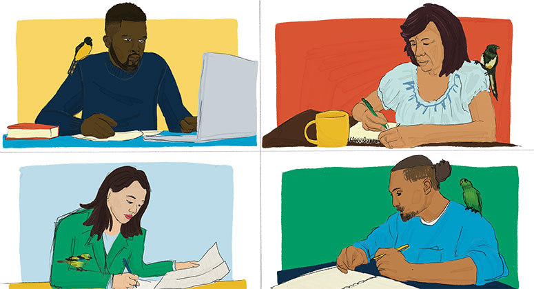 Illustrated image of four people sitting and writing 