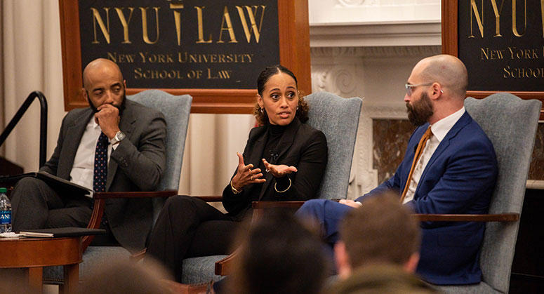 Vincent Southerland, Aren Adjoian, and Alexis Hoag-Fordjour '08 in a panel discussion