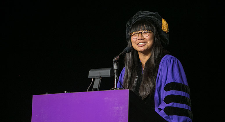 Graduating Law student, Cassarah Chu '18, addressing the class of 2018