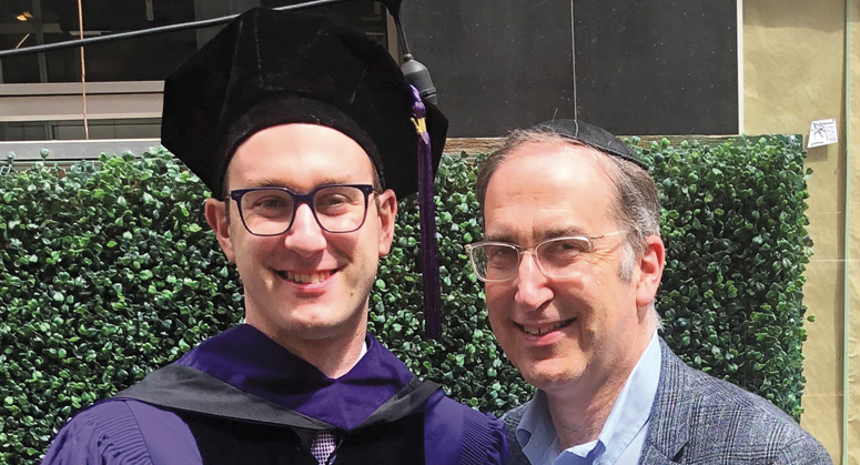  Ariel Adler ’22, Caryl A. Russell ’69 Scholar and NYU School of Law Dean’s Scholar, with his father, Russell Adler ’88