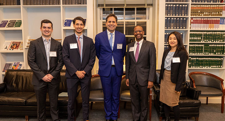 Intesa Sanpaolo Scholars with Intesa Sanpaolo Executive Director of Institutional Affairs and NYU Law Dean (from left to right): Jack Gilligan, Ned Brose, Jacques Moscianese, Troy McKenzie, Soomin Shin 