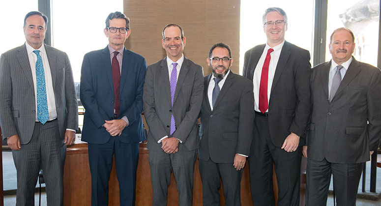 Panelists for the fourth panel: Robert Werner ’86, John Gleeson, Neil Barofsky ’95, Pablo Quiñones, Matthew Miner, and Bart Schwartz ’71