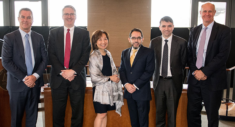 Panelists for the first panel: Brad Karp, Matthew Miner, Sandra Leung, Pablo Quiñones, Senior Fellow, Program on Corporate Compliance and Enforcement (moderator), Eugene Soltes, and Lawrence Gerschwer