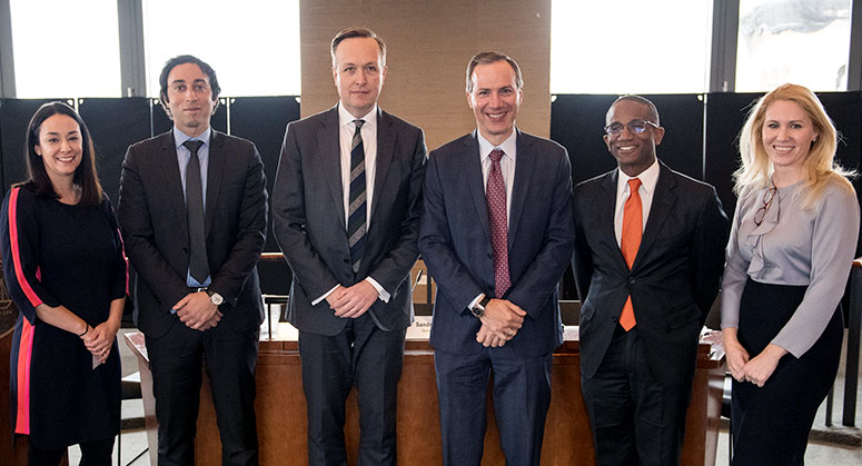 Panelists for the fourth panel: Allison Caffarone ’03, Executive Director, Program on Corporate Compliance and Enforcement (moderator), Emmanuel Farhat, Alun Milford, George Canellos, Kevin Davis, and Sandra Moser