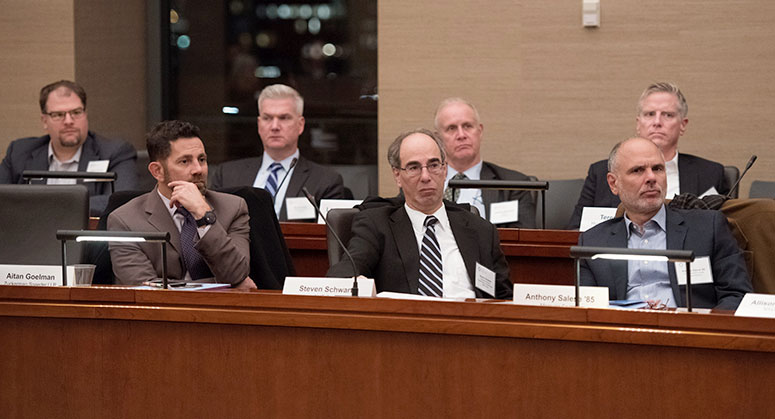 Aitan Goelman, Steven Schwartz, and Anthony Salese’85 listening to James McDonald