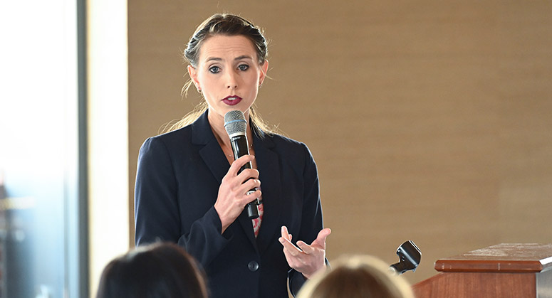 Rachael Denhollander giving keynote address at PCCE Fall 2019 Conference