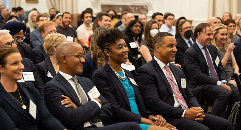 US Attorney for the Southern District of NY Damian Williams, US Attorney for the district of Connecticut Vanessa Avery, and US Attorney for the Eastern District of New York Breon Peace, listen to Dean Troy McKenzie give opening remarks.