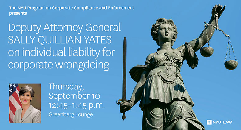 A statue of Lady Justice with a headshot of the keynote speaker, Deputy Attorney General, Sally Yates