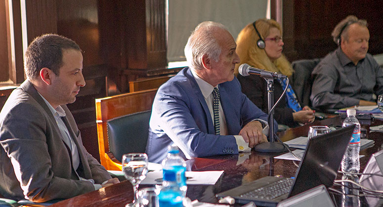 Carlos Cruz, Universidad de Buenos Aires; Fernando Basch, Centro de Estudios Anticorrupciòn – Universidad de San Andrés; Jennifer Arlen, NYU School of Law; and Mark Pieth, Universität Basel speaking on a panel