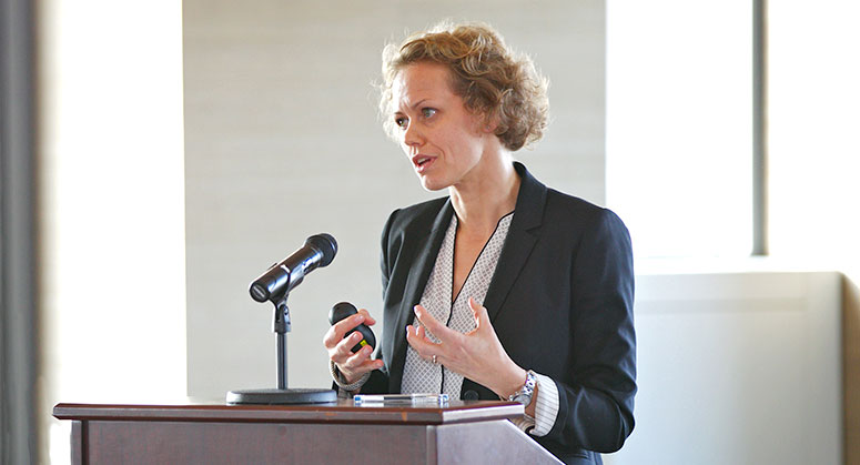 One of the presenters giving a speech