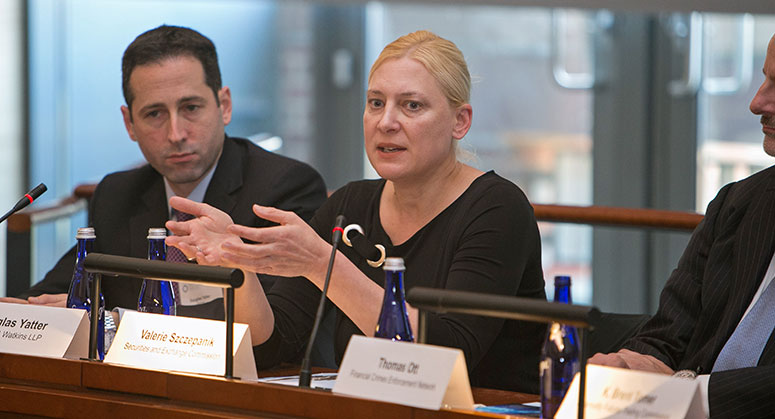 Valerie Szczepanik addressing the crowd on the panel