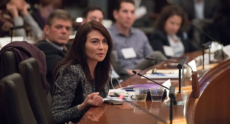 An audience member addressing the panel