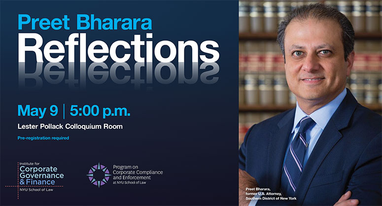 Preet Bharara crossing his arms, standing in front of a bookcase