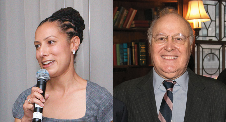 Ria Tabacco Mar and Judge Dennis Jacobs receiving their awards at the 2018 NYU Law Reunion