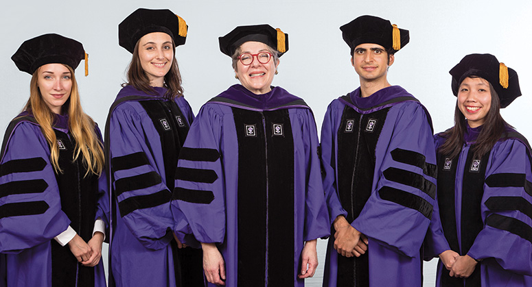 Starr Foundation Scholars Kresimira Kruslin, Grace Watson Keesing, Marco Dell’Erba, and Pichaya Winichakul were hooded by NYU Law Trustee Florence Davis ’79