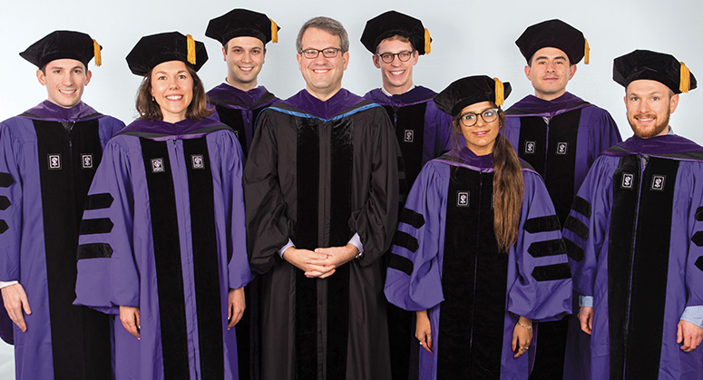 Furman Academic and Public Policy Scholars Nicholas Krafft, Elizabeth Aronson, Ryan Sila, Daniel Loehr, Mala Chatterjee, Pablo Rojas, and Stephen Levandoski were hooded by the Honorable Jesse Furman