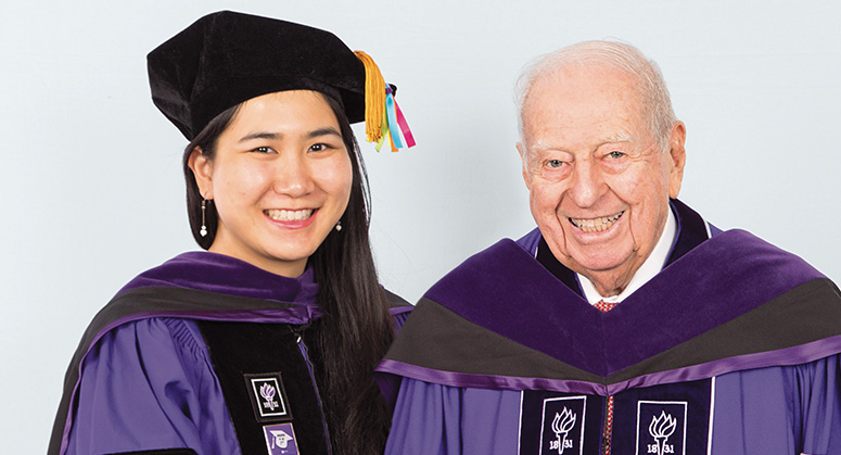 Sinsheimer Public Service Scholar Victoria Yee was hooded by NYU Law Life Trustee Warren Sinsheimer LLM ’57