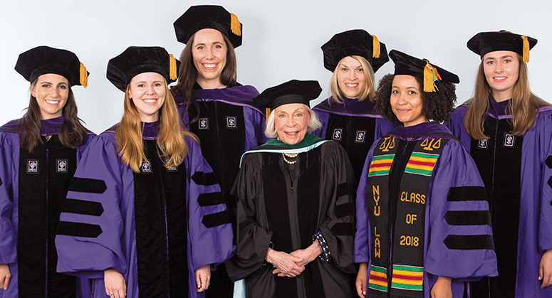 Joyce Lowinson IILJ Research Scholars Chelsea Anelli, Mikaela Ediger, Tess Graham, Caroline Zielinski, Suraiya-Asmau Zubair Banu, and Claire Schupmann were hooded by Dr. Joyce Lowinson