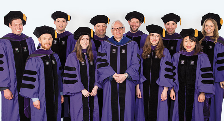 Jacobson Leadership Program Scholars Nathaniel Mooney, Ethan Chess, Matthew Tieman, Benjamin Lazarus, John Veraja, Rachel Scharf, Stephen Levandoski, Yana Manevich, Lauren Kreps, and Alice Thai were hooded by NYU Law Trustee and Professor Gerald Rosenfeld