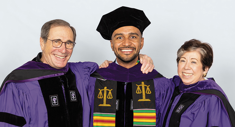 Nordlicht Family Scholar (Grunin Center for Law and Social Entrepreneurship) Logan Cotton was hooded by Ira Nordlicht ’72 and Professor Helen Scott