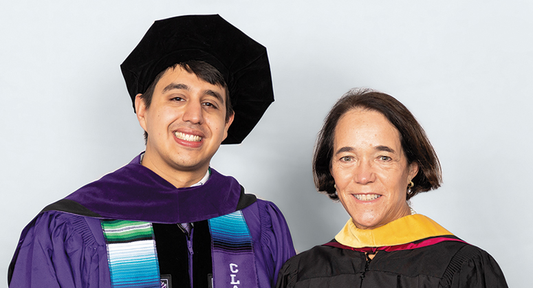 Jacob Marley Foundation In Memory of Christoper Quackenbush ’82 Scholar Gabriel Delabra was hooded by Traci Viklund