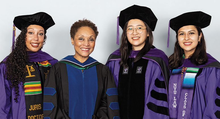 Derrick Bell Scholars for Public Service (LACA) Stephanie Kerr, Jamie Hin Hon Wong, and Maria Alejandra Torres Garcia were hooded by Janet Dewart Bell