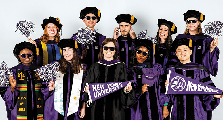 HAUSER GLOBAL SCHOLARS Back Row: Kateryna Kolesnik (Thomas M. Franck Scholar), Stevan Schäferling, Billy Bruffey, Sarah Bandini, and Eve Bain. Front Row: Moureen Akatunihiza, Florencia Garcia, Gráinne de Búrca, Precious Okedele, and Zongyao Li. The graduates were hooded by Gráinne de Búrca, Florence Ellinwood Allen Professor of Law