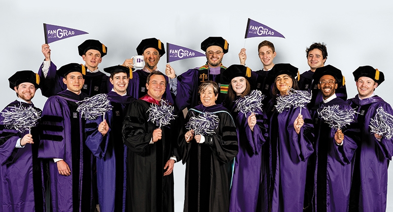 JACOBSON LEADERSHIP PROGRAM IN LAW AND BUSINESS SCHOLARS Back Row: Jack Marsh (Kia Motors Scholar), Joseph Kadoch, Scott Turtur (Kia Motors Scholar), Benjamin Kaminoff, and Jonathan Glustein Front Row: David Schulman, Anthony Abraham, Michael Modak-Truran (Hyundai Motor Scholar), Robert Jackson, Helen Scott, Elizabeth Crimmins (Guardian Life Tracy Rich Memorial Scholar), Emily Espinel, Kevin Kuate Fodouop, and William Merriam. The graduates were hooded by Pierrepoint Family Professor of Law Robert Jackson a