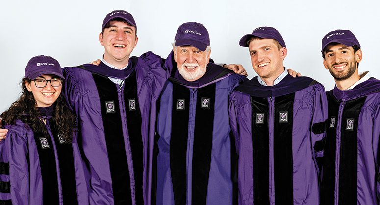 JOHN SEXTON SCHOLARS Emily Herzfeld, Brennan Bartley, John Sexton, Kai Mayer, and Ariel Semel. The graduates were hooded by John Sexton, NYU President Emeritus, NYU Law Dean Emeritus, and the Benjamin F. Butler Professor of Law