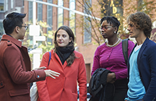 students talking outside