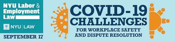 light blue and teal with two orange viruses and text reading "Covid-19 Challenges"